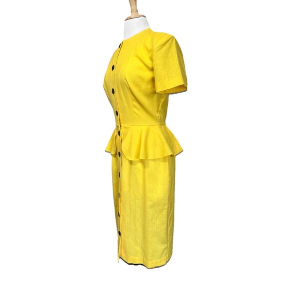 80s Apostrophe Sunflower Yellow Peplum Midi Dress Secretary Big Shoulder - Picture 4 of 6